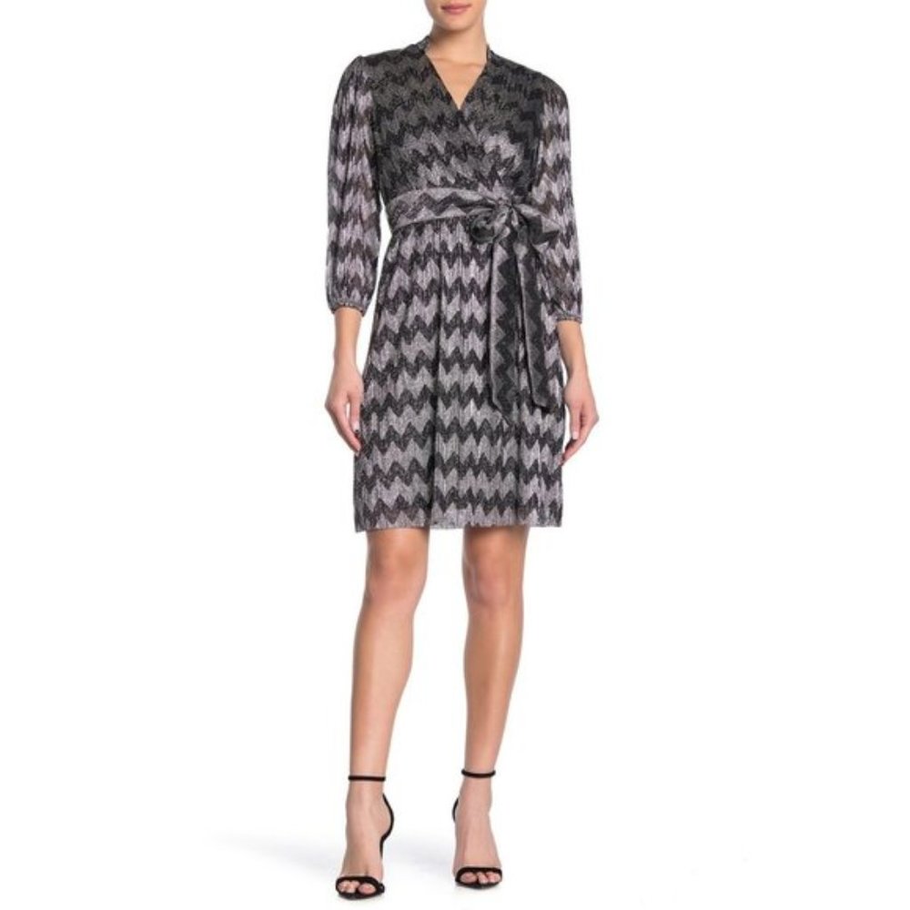 NEW Eliza J Metallic Silver & Black Long Sleeve Chevron Wrap Dress Size 6